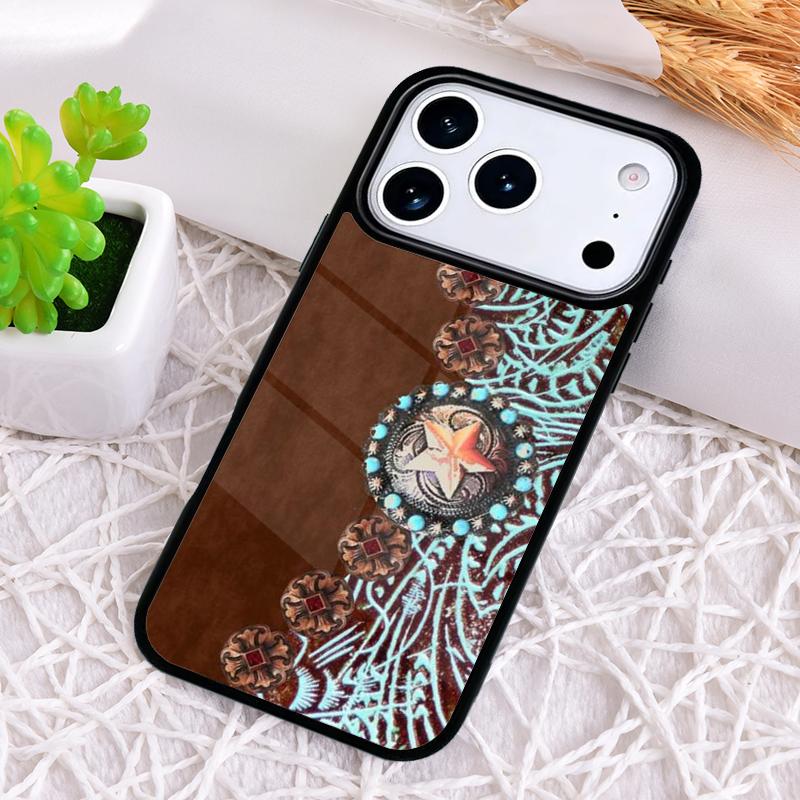 Brown Tooled Leather Pattern Phone Case for iPhone 17 Air 16 15 11 12 14 13 Pro Max Shockproof Cover