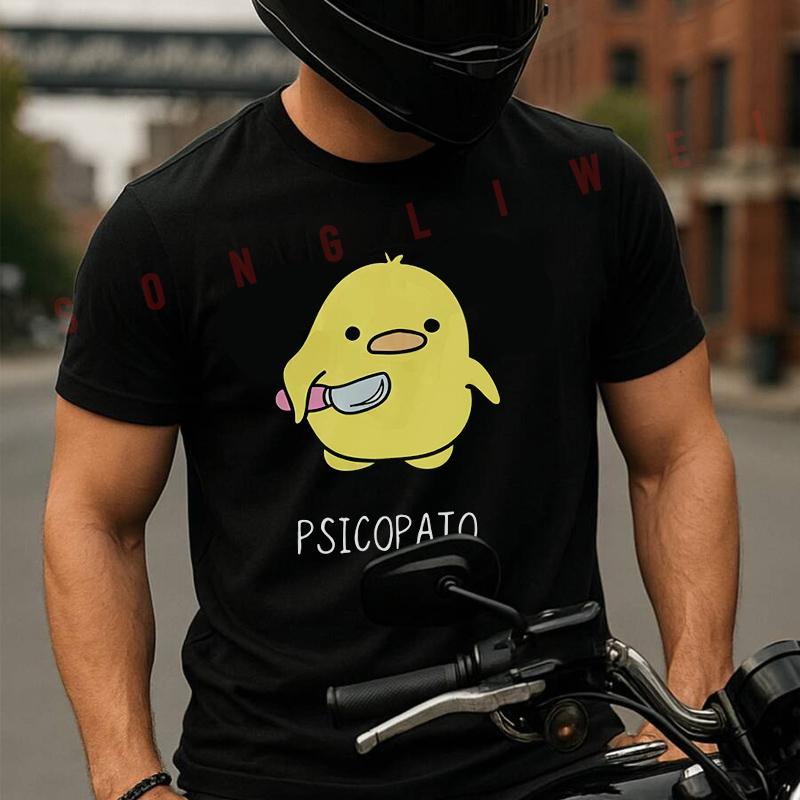 Psicopato Cute Duck With Knife Motorcycle T Shirt Cotton Summer Short-sleeved Casual Tee Men Wo