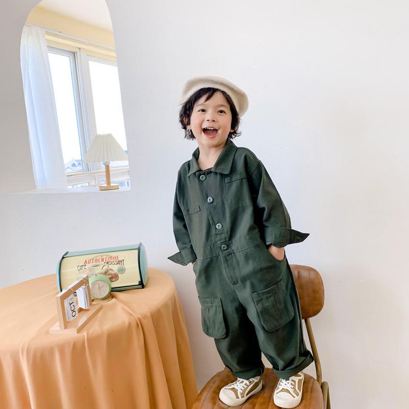 Spring Autumn Children's Workwear Children Long Sleeved Jumpsuits Boys' Girls' Lapel Jumpsuit