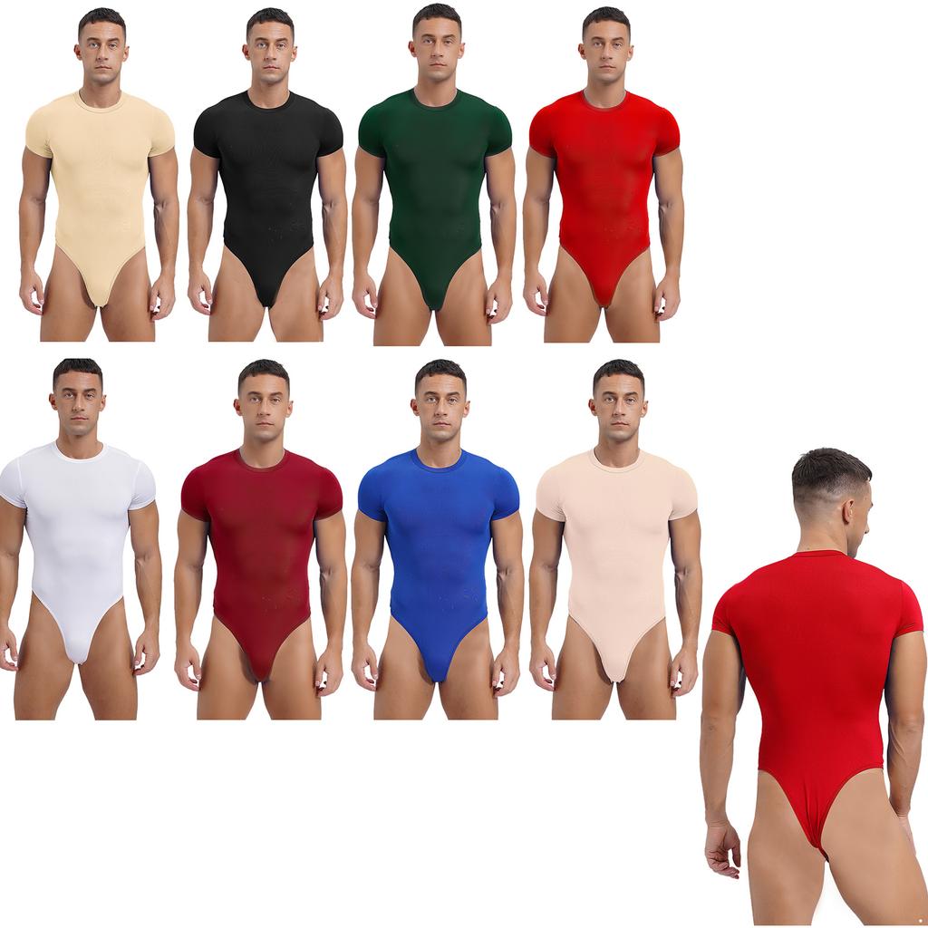 Men's One Piece Thongs Bodysuit Short Sleeve Button Crotch Shirt Leotard Snappies Rompers Jumpsuit