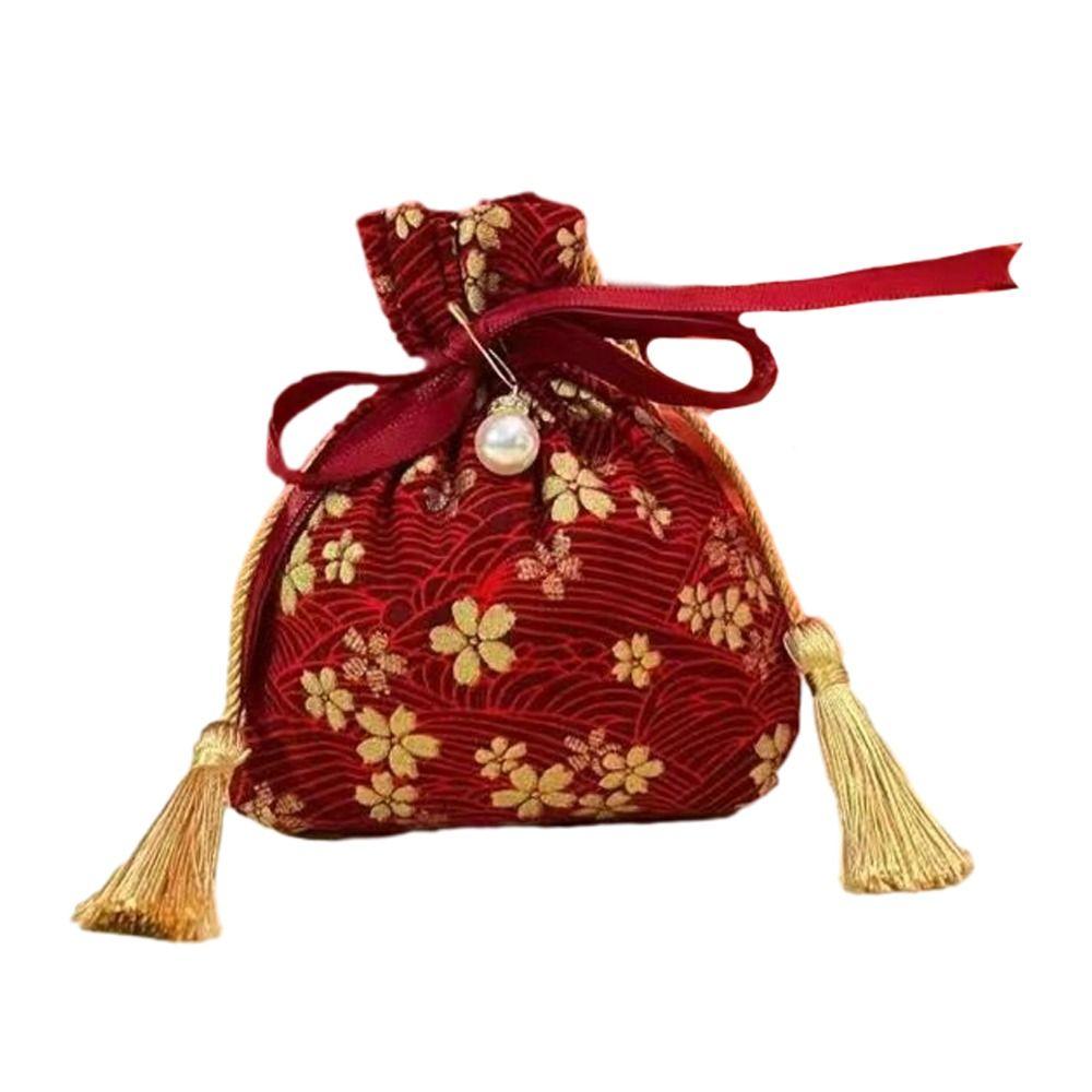 Pearl Pendant Canvas Flower Drawstring Bag Stripe Bowknot Floral Tassel Handbag Female/Girls