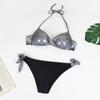 Лоскутный комплект бикини с блестками, сексуальный купальник с v-образным вырезом и лямкой на шее, женский пляжный комплект бикини с эффектом пуш-ап, бразильский купальник, бикини 2024 Mujer