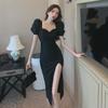New Summer 2025 Black French Puff Sleeve Slim Fit Dress with Long Slit for Women