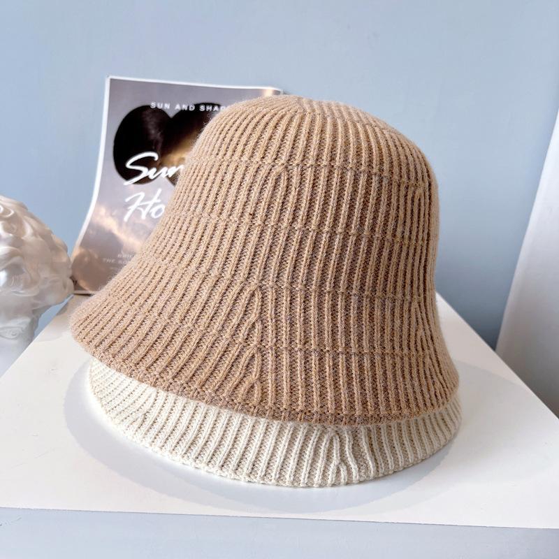 Кашемировая вязаная клетчатая шляпа-ведро Женская осень-зима теплая вязаная шерстяная шапка простая и элегантная однотонная рыбацкая шапка Шапка для бассейна