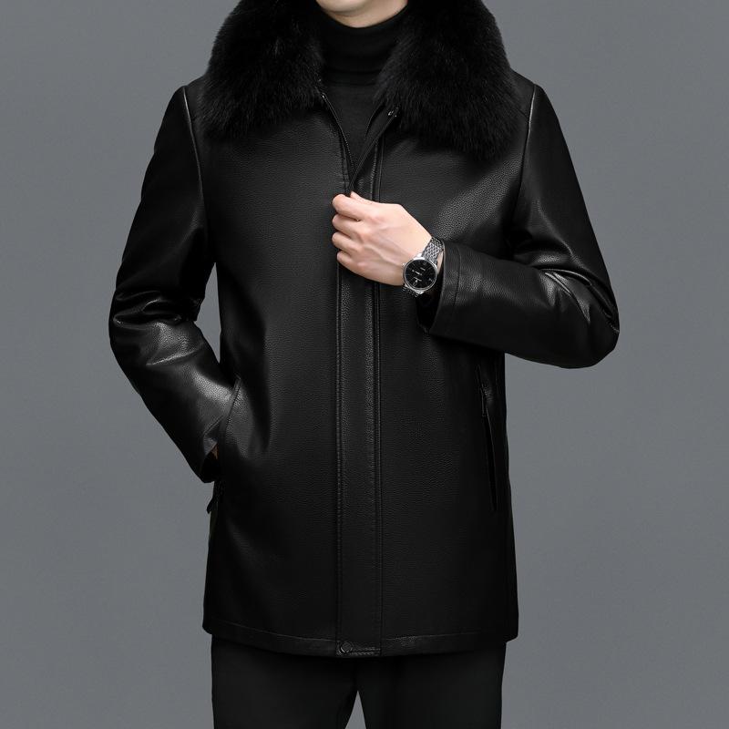 Genuine Leather Down Jacket for Middle-aged and Elderly Men with Fox Fur Collar, Mid-length Thickened Sheepskin Jacket, Dad Winter Leather Jacket