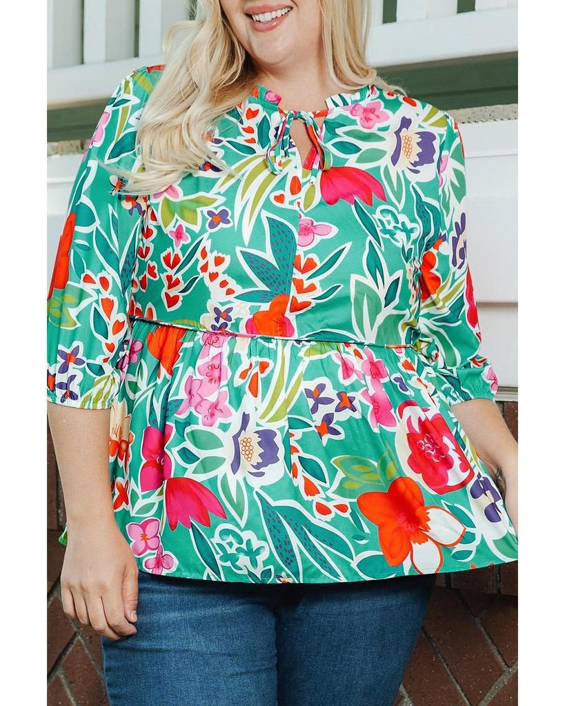 Azura Exchange Блузка с цветочным принтом и разрезом на шее, многоцветная, размер плюс