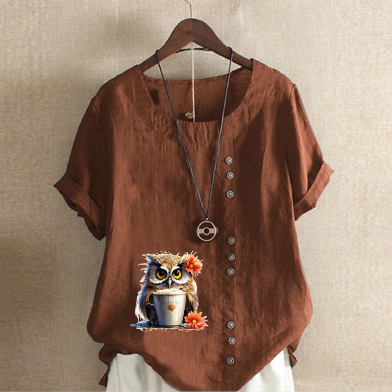 Women's Fashion Cartoon Owl Prined Short Sleeve T-shirt Loose Cotton Shirt Casual Loose Summer Blouse Tops Plus Size