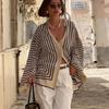 Повседневные полосатые шелковые рубашки женские свободные однобортные с длинными расклешенными рукавами рубашки блузки женские осенние женские топы