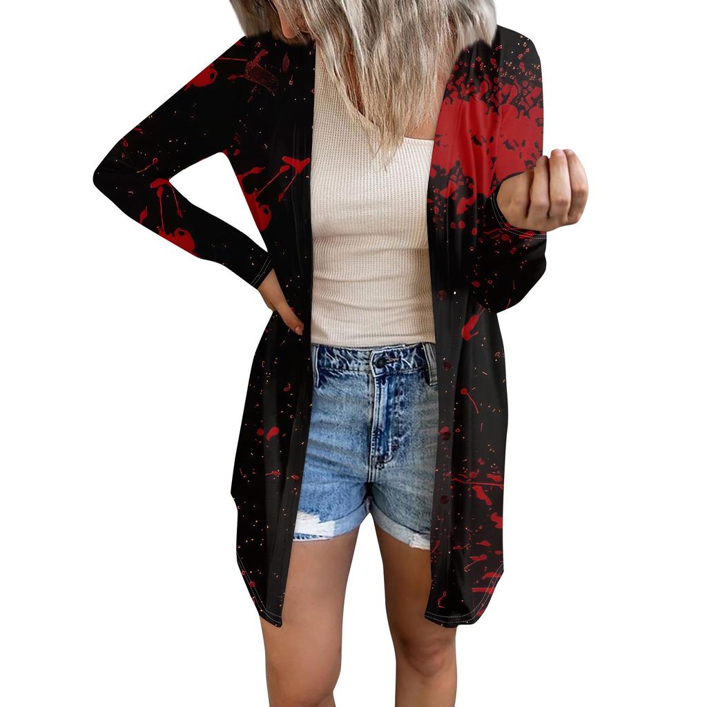 Женская повседневная модная удобная свободная куртка-кардиган с длинным рукавом и принтом на Хэллоуин