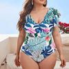 Bikini Ruffles One Piece Swimsuit Women Sexy Deep V-Neck Floral Print Bikini Swimwear Beachwear Tankini