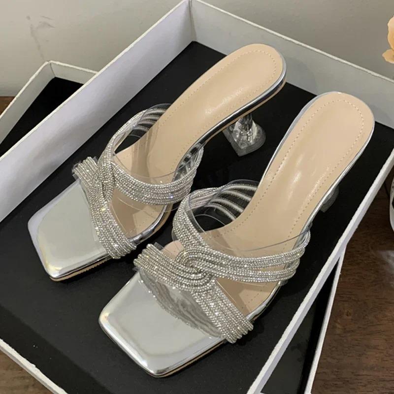 Летние сексуальные ПВХ прозрачные открытые носки кристалл узкие тапочки женские банкетные туфли на низком каблуке Zapatos Mujer