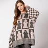 Women Sweater Round Neck Long Sleeve Elastic Knitting Tops Loose Fit Ghost Pattern Plaid Decor Pullover