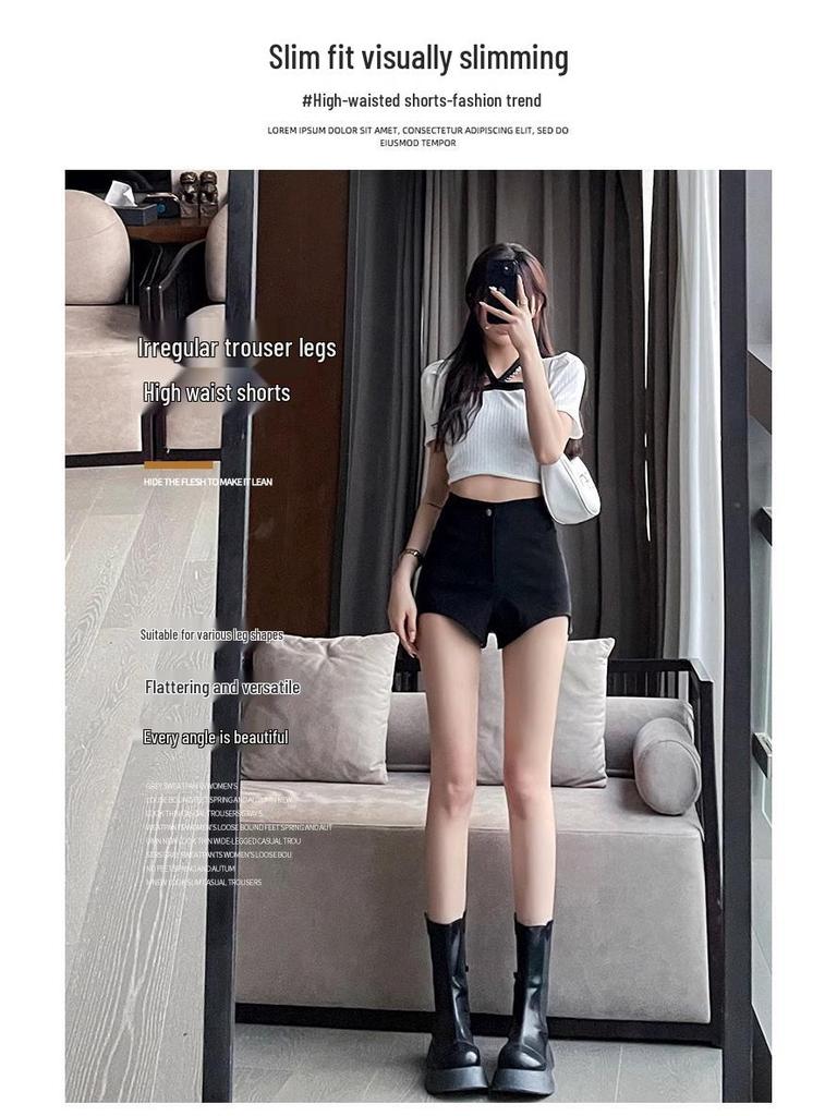 2025 Summer High-Waist Irregular Design Black A-Line Women's Casual Shorts