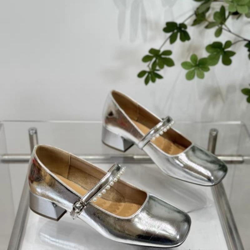 Туфли-лодочки на среднем каблуке с бусинами, осенние новые, с квадратным носком, с мелким вырезом, на одной перемычке, с мягкой подошвой, нескользящие, на блочном каблуке