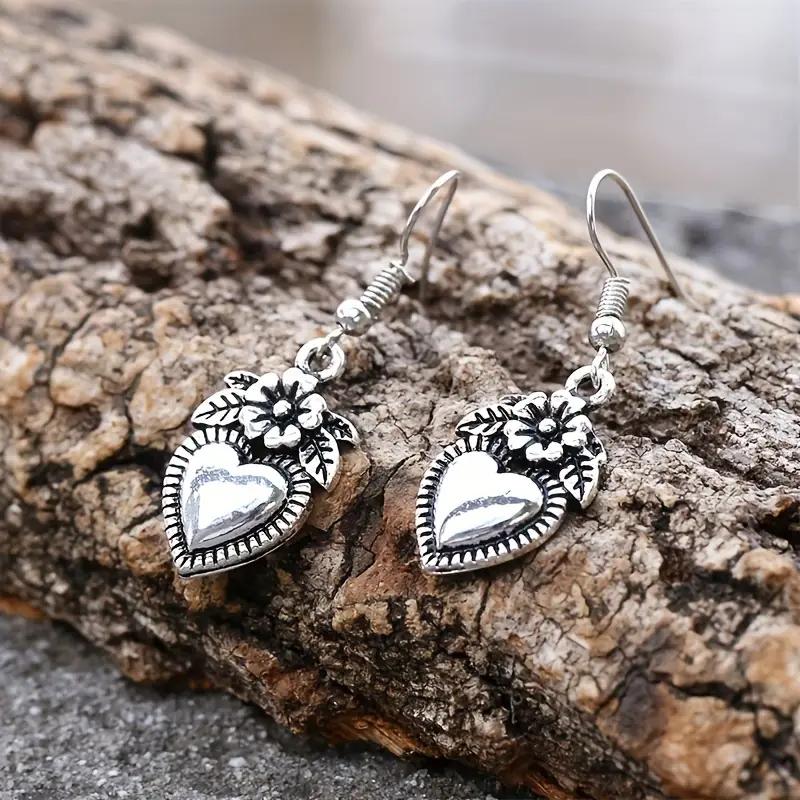 Huitan Vintage Antique Color Flower Heart Design Dangle Earrings for Women Temperament Ear Accessories Aesthetic Jewelry