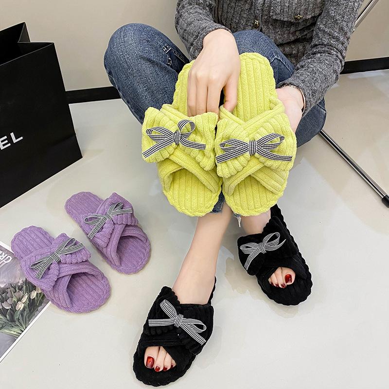 2024 Winter Women's Indoor Casual Slippers Bow Fluffy Shoes Cross Design Slippers Ladies Soft Warm Plush Slippers