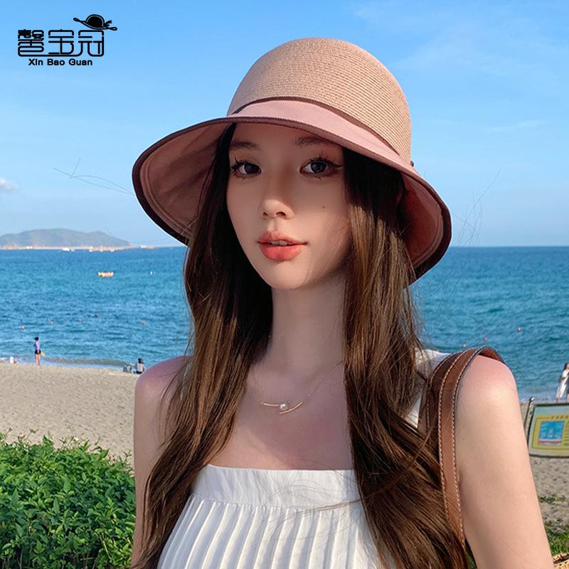 8456 Весенне-летняя шляпа-ведро с бантом, дорожная, универсальная, от солнца, детская, комбинированная, солнцезащитная, соломенная шляпа