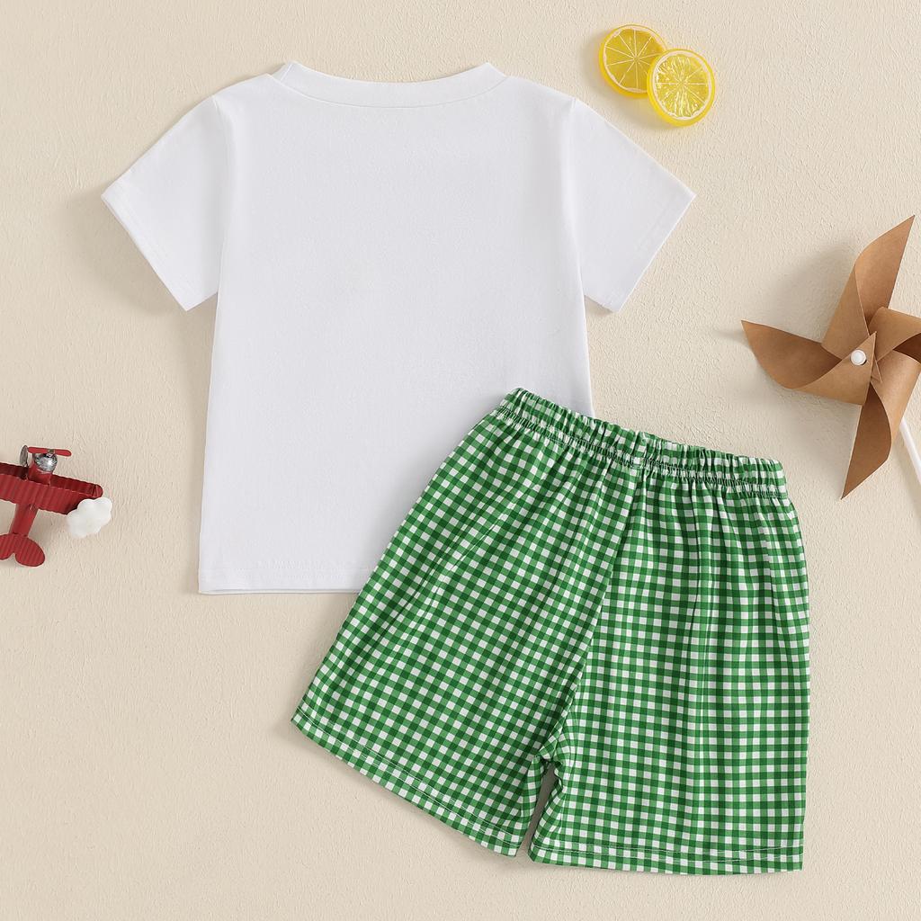 Комплект шорт для малышей и мальчиков ясельного возраста, футболка с коротким рукавом и вышивкой трактора, клетчатые шорты, 2 предмета, летний наряд