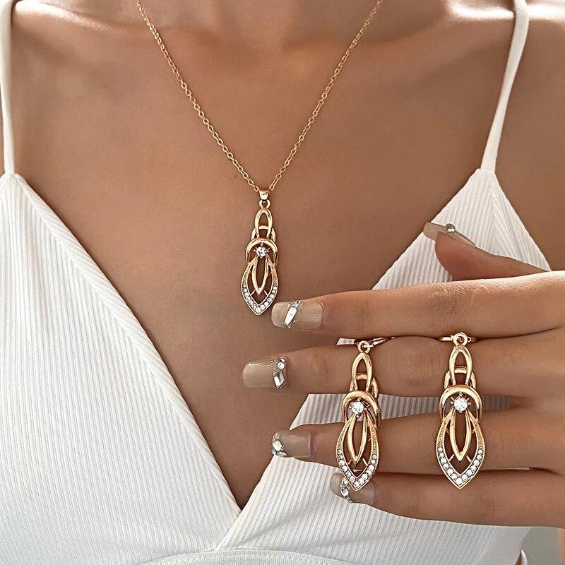 2 шт. Винтажный геометрический блестящий набор украшений с цирконом, изысканное ожерелье с подвеской, серьги-кольца для женщины, трендовый стиль