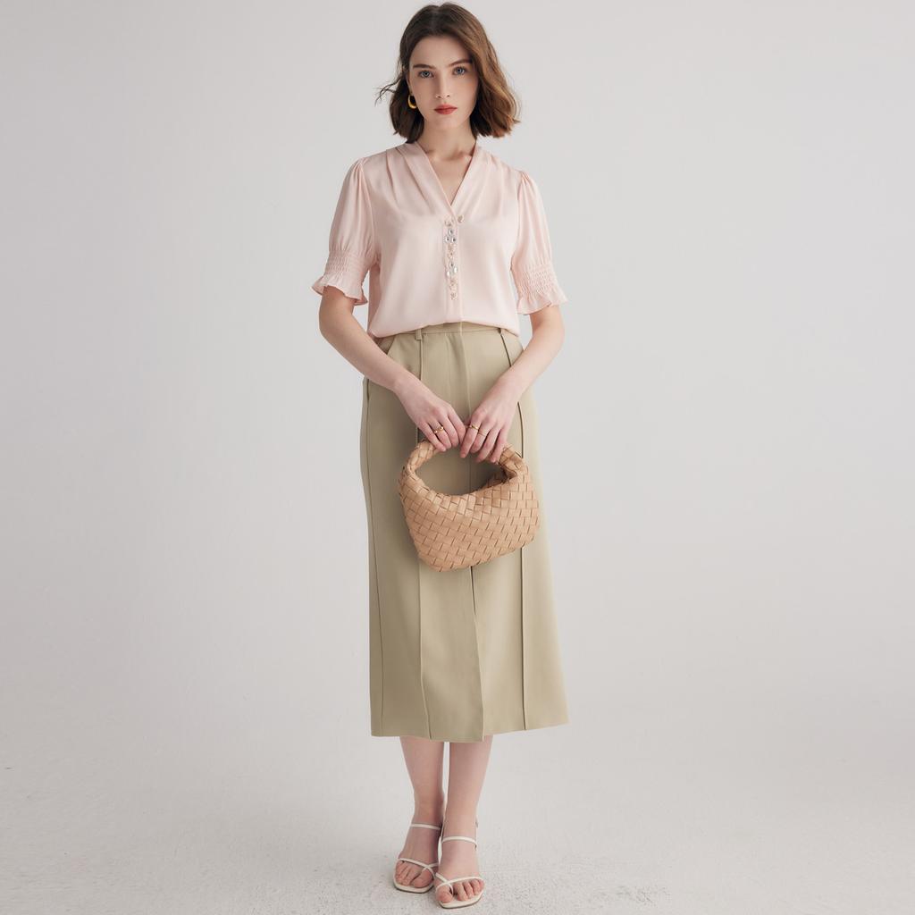 Heavy 19 Mu Mulberry Silk] Spring/Summer V-neck Beaded Design Short Sleeve Top Shirt for Women