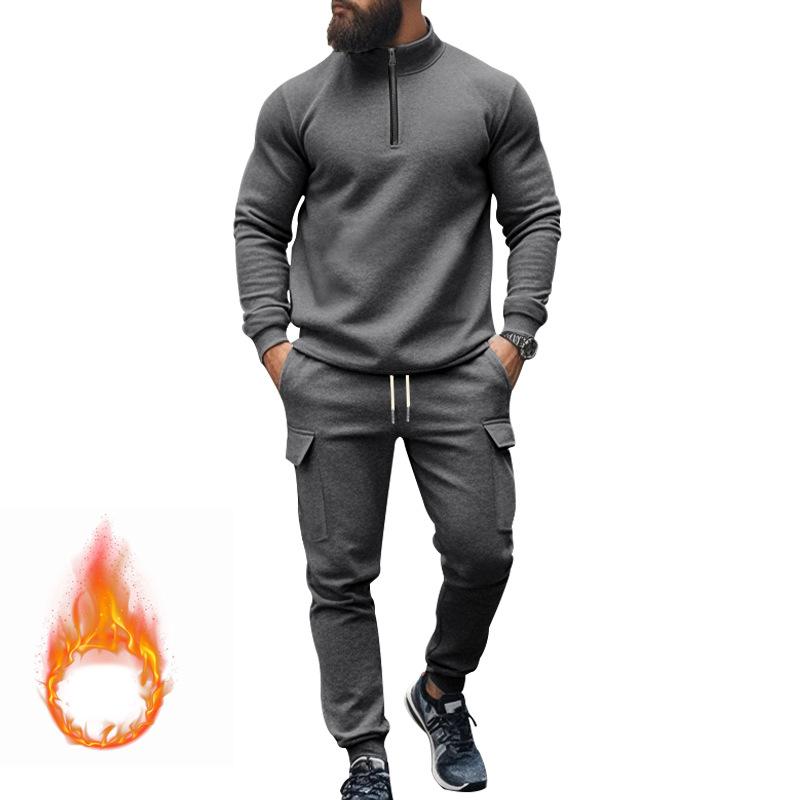Autumn and Winter Men's Casual Velvet Warm Zipper Sports Trousers Set