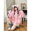 Korean Girl Sleeve Bow Design Sense Spring Loose Hooded Zipper Cardigan Sweater Lantern Sleeve Coat Embroidered Pink Bow Coat