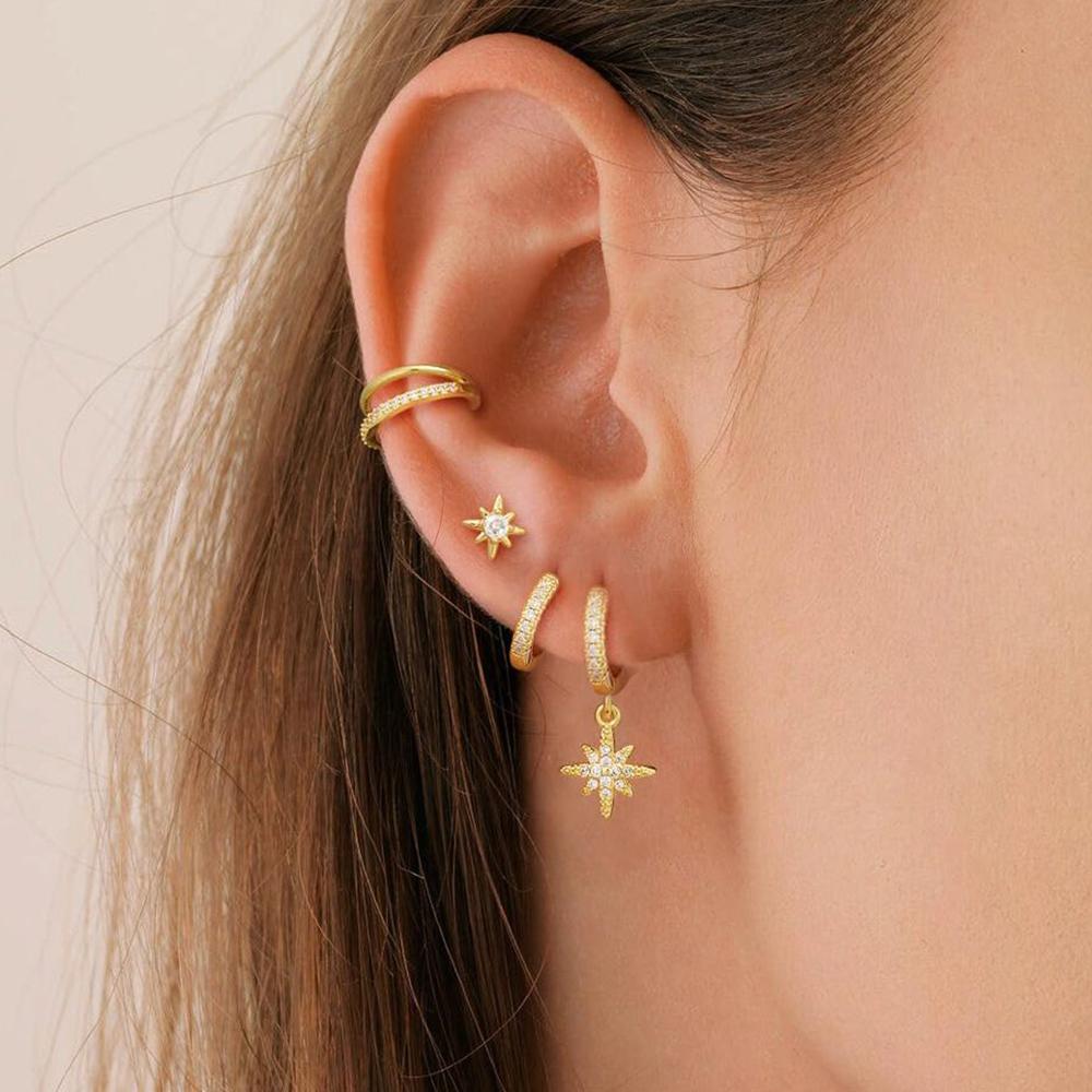 4pcs Fashion Stainless Steel Cubic Zirconia Star Dangle Earring Set For Women Cartilage Piercing Earring Ear Clip Korean Jewelry