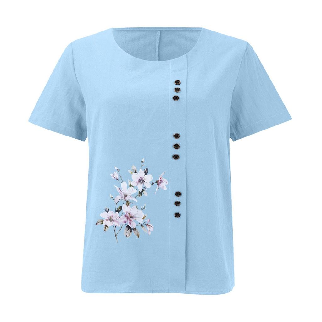 Women's Cotton Linen Round Neck Short Sleeve With Button Tops Printed T-shirt