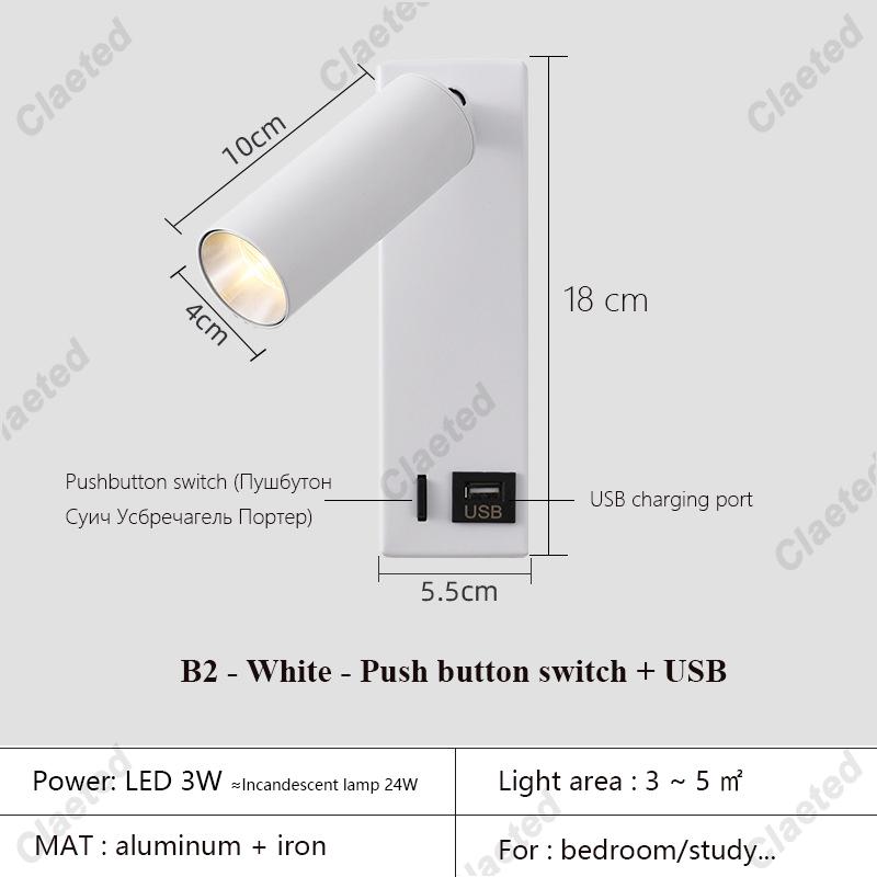 Новый светодиодный настенный светильник бра с выключателем, черный латунный креативный USB-порт, настенный светильник для чтения с точечным светильником 3 Вт для спальни у кровати