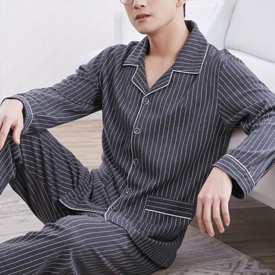 2 Pcsset Winter Fall Men Pajamas Set Striped Turndown Collar Color Matching Singlebreasted Loose Wide Leg Elastic Waist Homewear Shirt Trousers