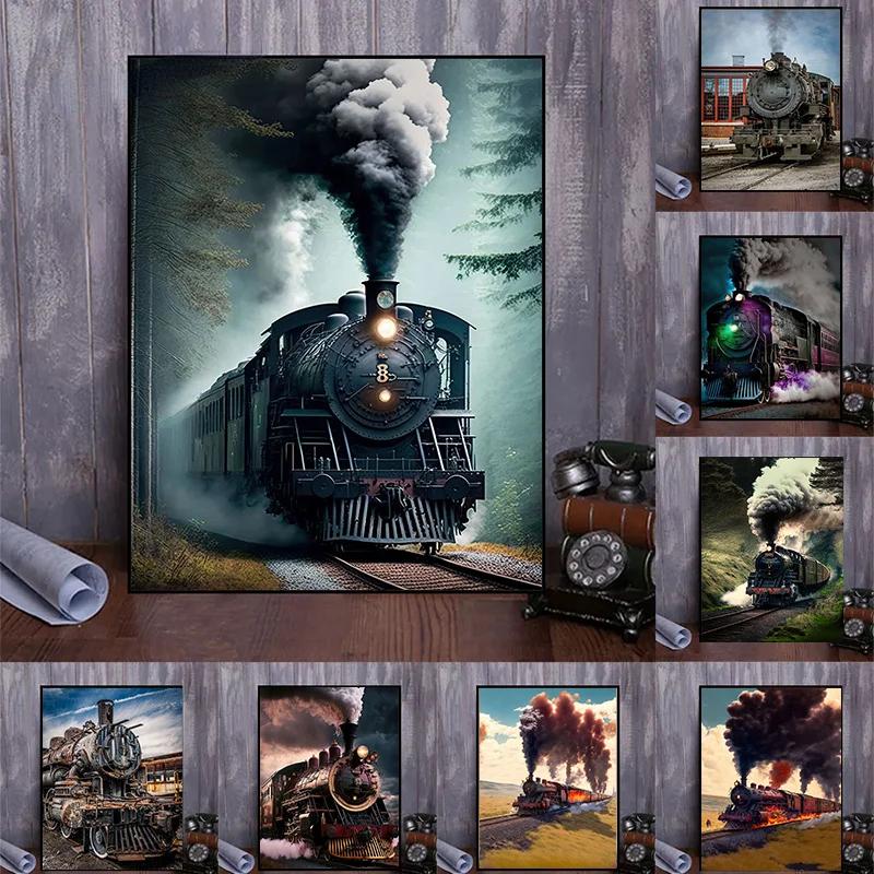 Винтажная Железная дорога Ретро Железнодорожный Паровоз Локомотив Пейзаж Художественный Постер Холст Картина Настенные Принты Картина Комната Домашний Декор