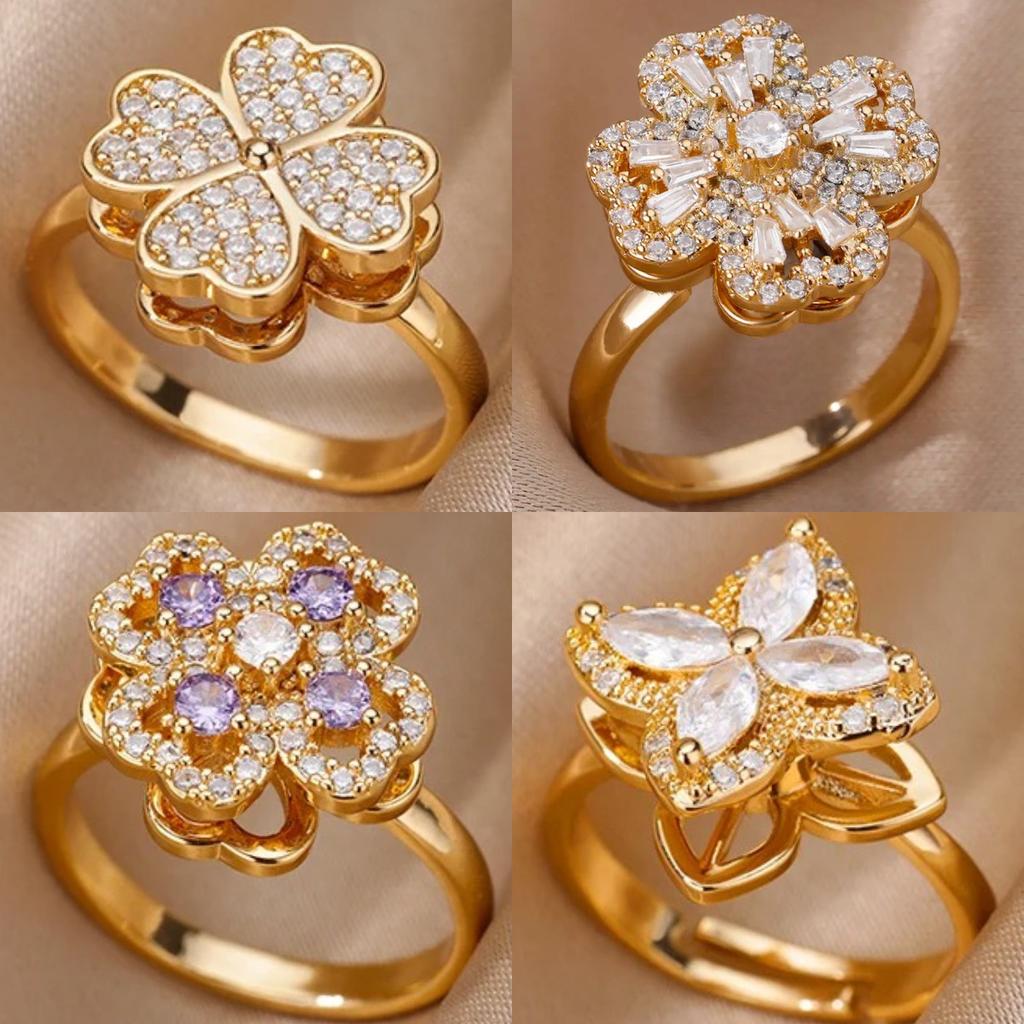 Rotatable Four-leaf Clover Love Zircon Flower Ring Creative Design Sense Free Rotation Anti-pressure Ring