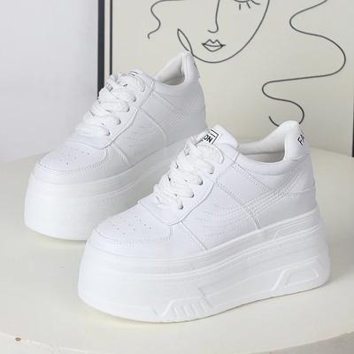 Модные 12 см Синтетические Женские Устойчивые Высокая Платформа Массивные Кроссовки Модные Весенне-Осенние Вулканизированные На шнуровке Туфли из Натуральной Коровьей Кожи