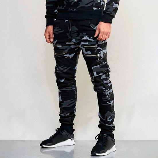 Men Cargo Pants Drawstring Elastic Waist Camouflage Print Multi Zippered Pockets Ankle-banded Slim Fit Casual Daily Wear