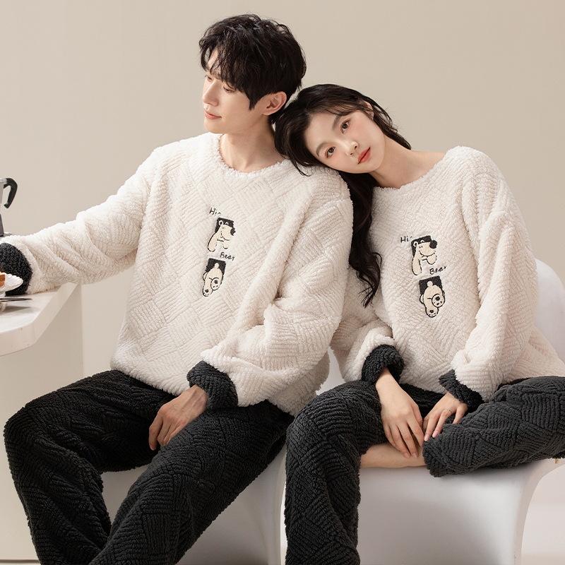 Мужская и женская толстая пижама из кораллового флиса: Теплый вельветовый фланелевый зимний комплект