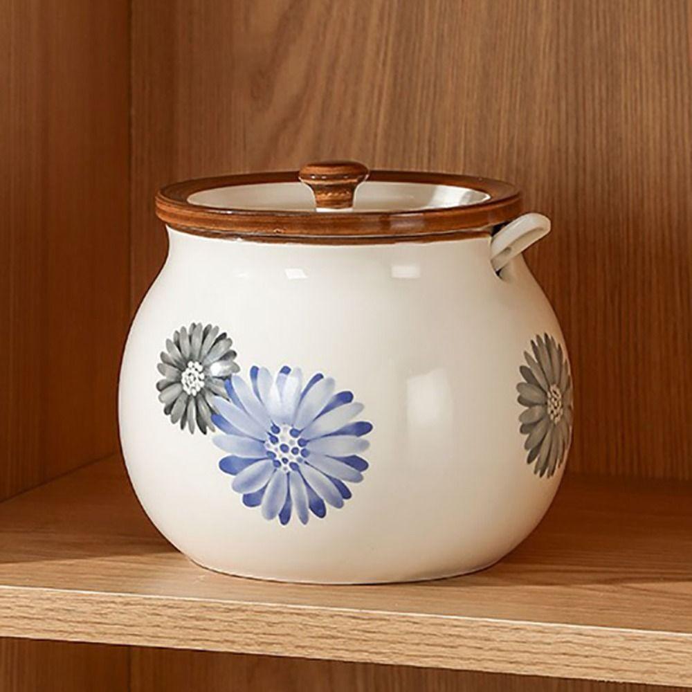 С крышкой и ложкой Керамическая банка для жира Японская горшочка для жира Практичная банка для приправ Сахар
