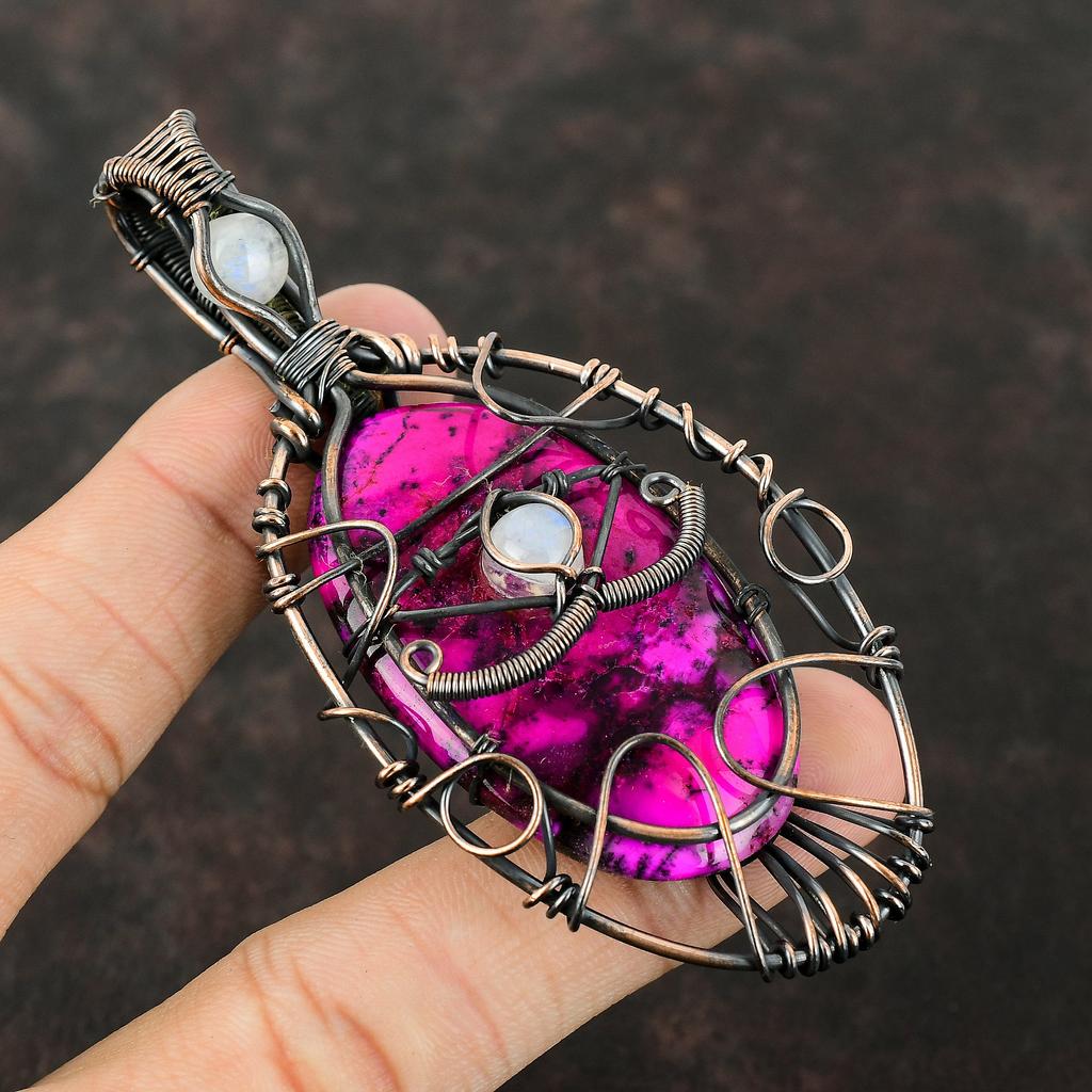 Подвеска с розовым дендритом и опалом от сглаза, подвеска из медной проволоки, ювелирные изделия ручной работы, медная подвеска для подарка, подвеска из драгоценного камня, ювелирные изделия из лунного камня
