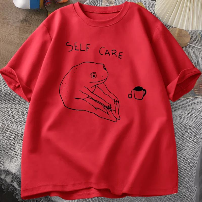 Футболка с забавной лягушкой для ухода за собой, ретро-футболка с принтом лягушки в стиле коттеджкор, женская и мужская, летняя, с круглым вырезом, с коротким рукавом, уличные футболки унисекс