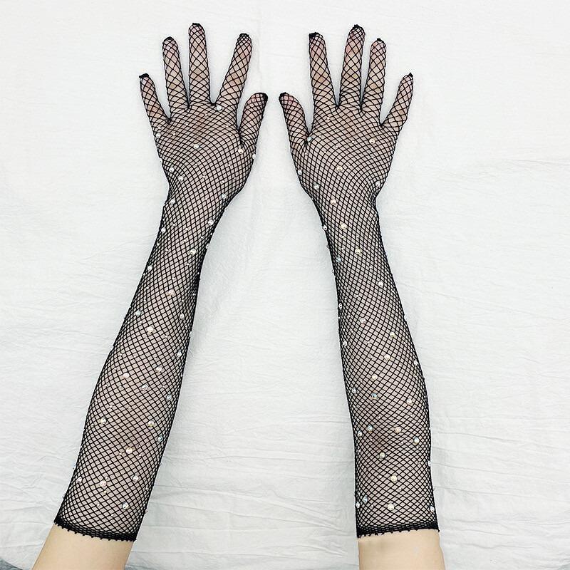 2 Pair Mesh Gloves Fishnet Crystal Rhinestone Long Full Finger Arm Opera Party Lace