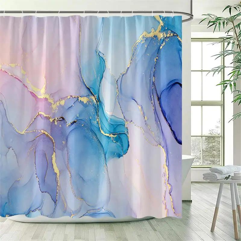 Абстрактные Мраморные Шторки для Душа Черно-Зеленые Текстурированные Золотой Трещиноватый Современный Геометрический Узор Декор для Ванной Комнаты Комплект с Крючками