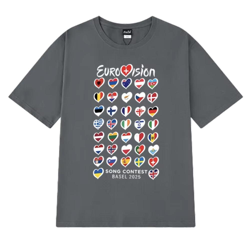 Летняя мода Евровидение Песня 2025 Флаги напечатанная футболка Новые унисекс Оверсайз футболки с коротким рукавом Унисекс 100% одежда