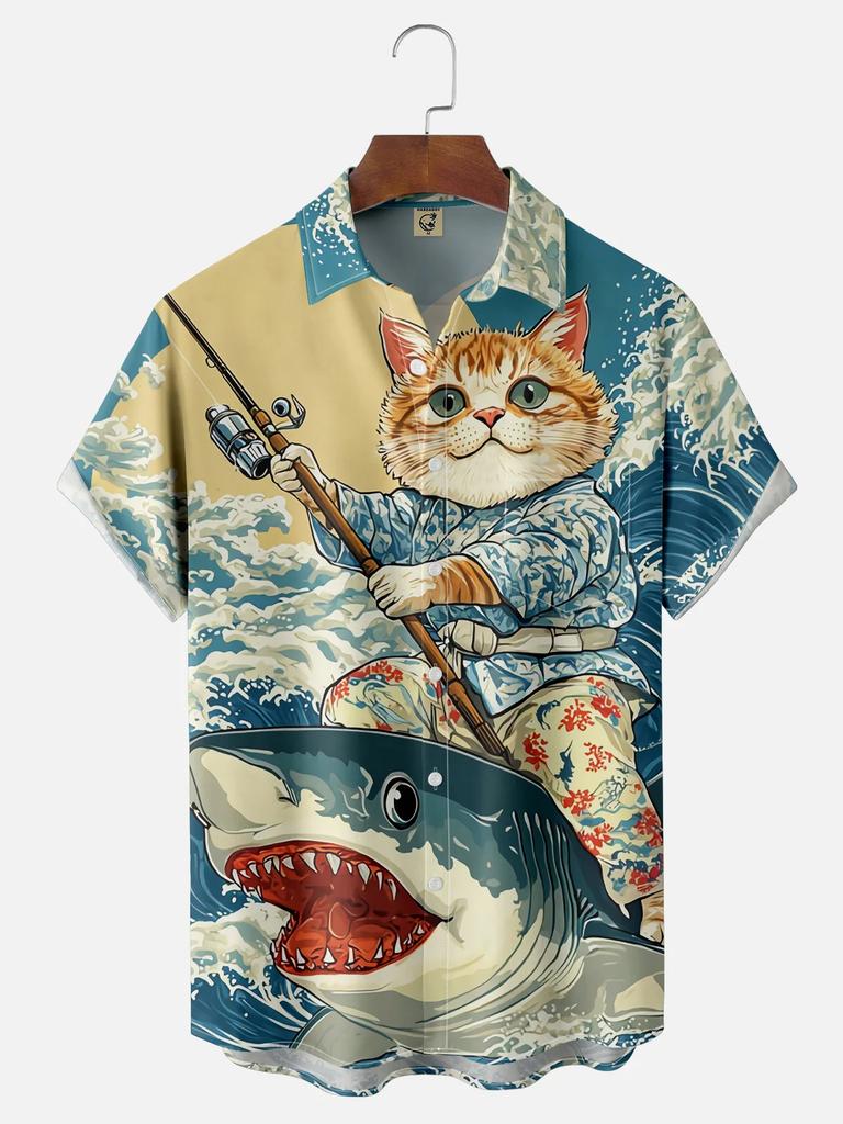 Retro Men's  Short Sleeve Shirt Summer New Casual Fun Hawaiian Ukiyoe Kitten Fishing Shark Print Lapel Short Sleeve Shirt