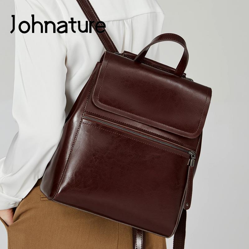 Johnature Genuine Leather Backpack Women Bag Fashion Oil Wax Cowhide Solid Color Schoolbag Leisure Outdoor Travel Bags