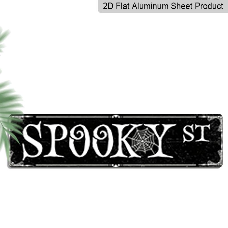 2D Flat, Spooky Street Aluminum Decorative Sign - 15.7×3.94 - Durable Indoor/ Outdoor Decor with Cobweb Accents for Halloween and Everyday Display