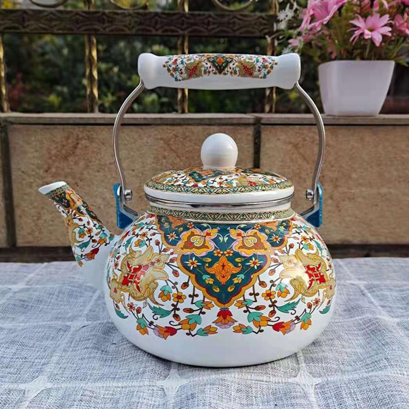 Чайник эмалированный винтажный, 2,5 кварты, зеленый, с цветочным узором, на стальной основе, с ручкой, для плиты, набор для домашнего послеобеденного чая