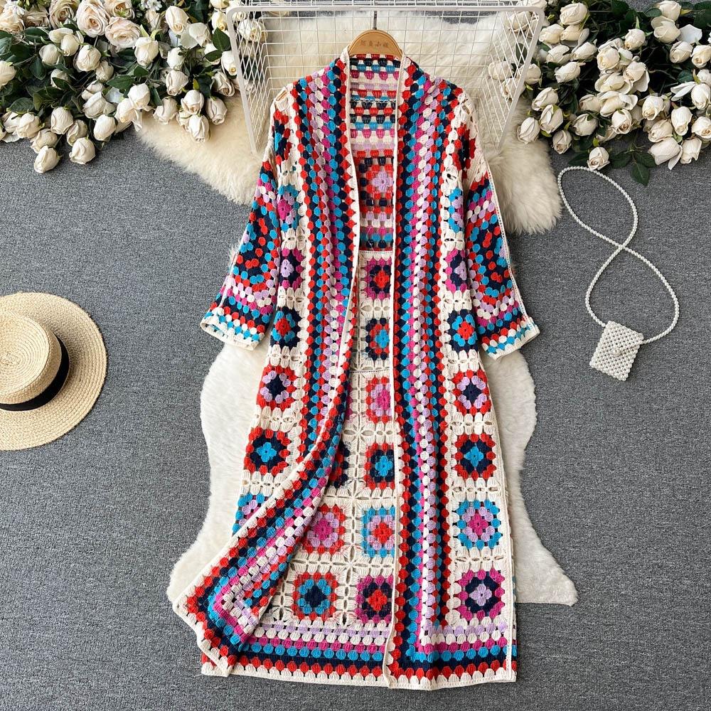 Autumn Long Cardigans Spring Fashion Vintage Floral Knit Streetwear Loose Hollow Out Overcoat