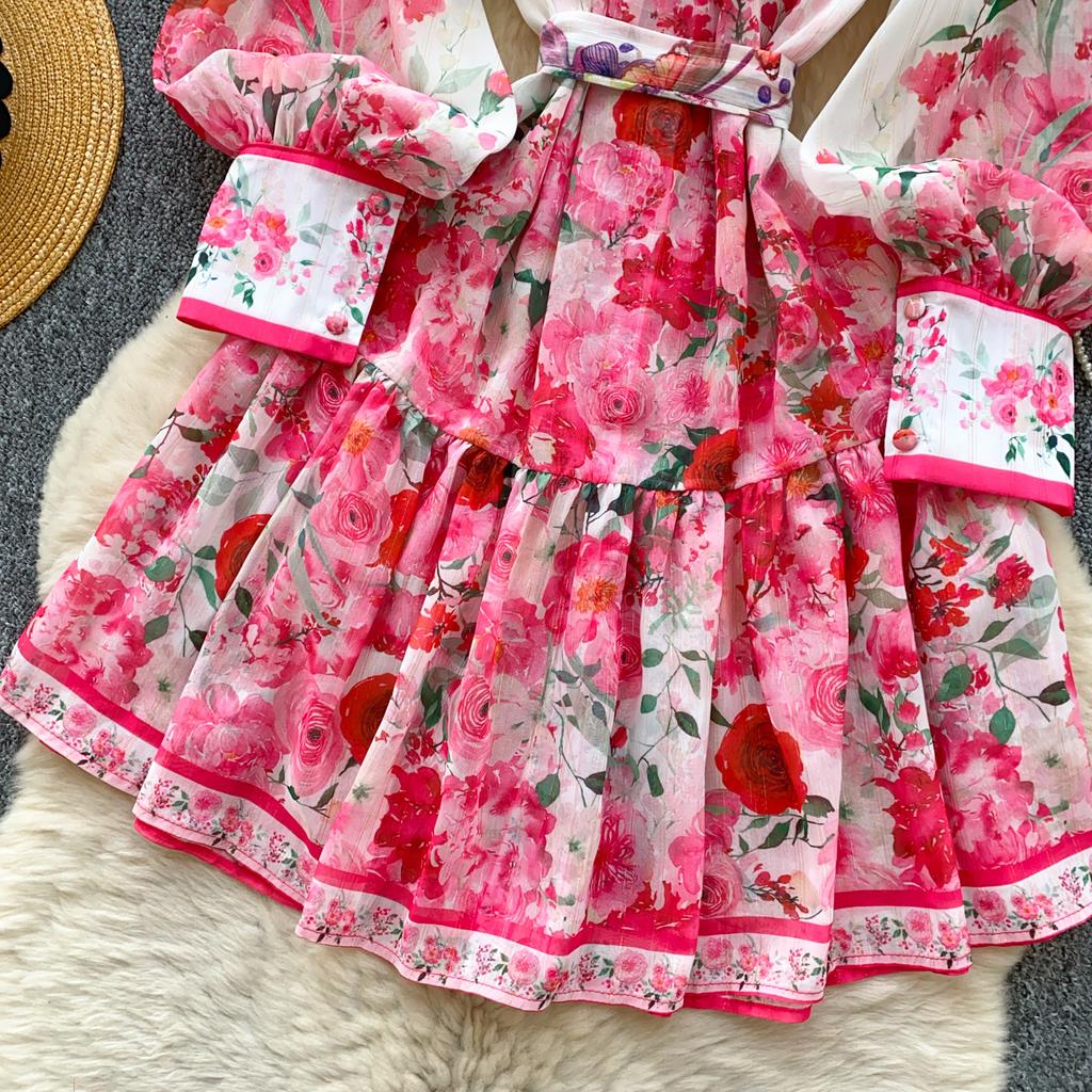 Spring Summer Women Lantern Sleeve Print Chiffon Mini Short Chic Boho Holiday Beach Lace-up Dresses