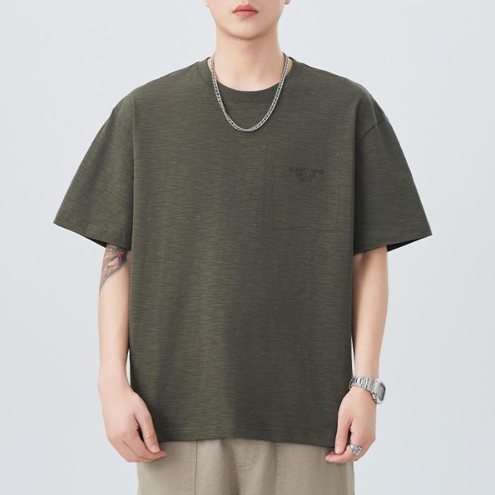 Мужская летняя футболка с коротким рукавом, новая, вышивка, 230 г, тяжелая, с круглым вырезом, рукав до локтя, повседневная