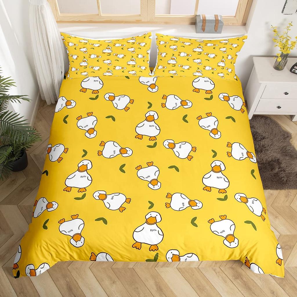 Cartoon Yellow Duck King Queen Duvet Cover Farm Lovely Animal Bedding Set Blue Bubble Quilt Cover Soft Polyester Comforter Cover