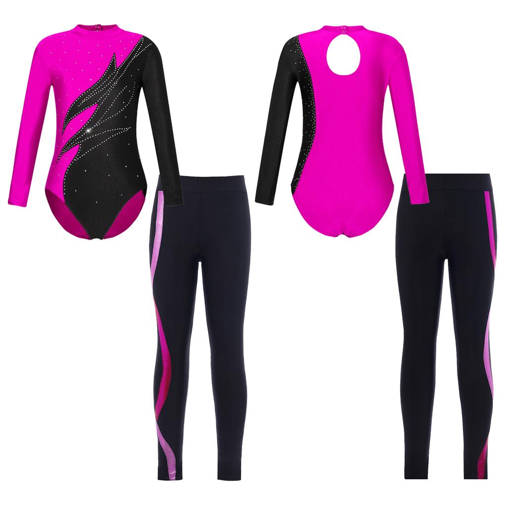 Kids Girls 2Pcs Skating Clothing Long Sleeve Mock Neck Leotard with Leggings Set for Dance Training Wear